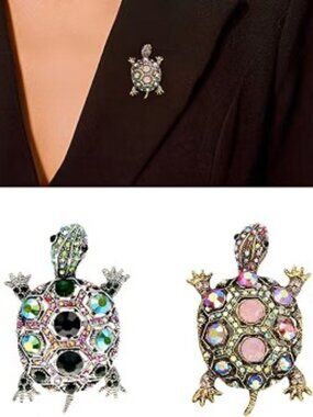 Turtle Brooches with Rhinestones, Set of 2 (Pink/Green), NWT